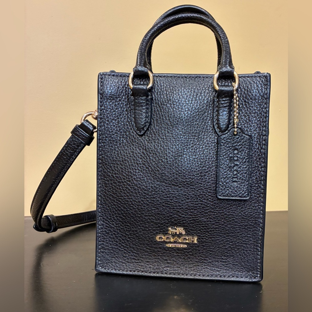 Coach Pebbled Leather North South Mini Tote CJ500  Black Crossbody Removable